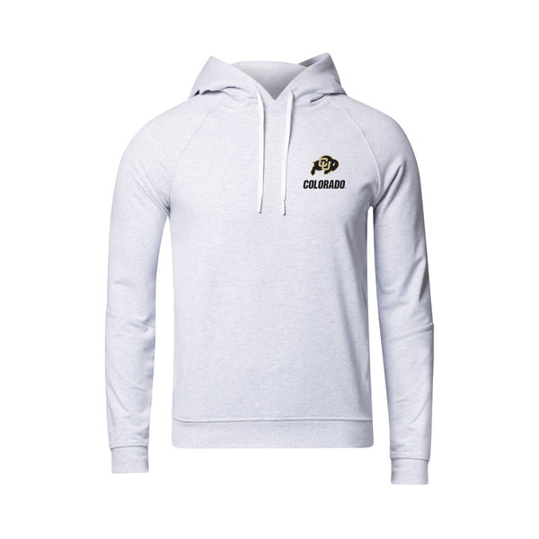 A gray drawstring hoodie with the CU Buffalo logo on the left corner of the chest.